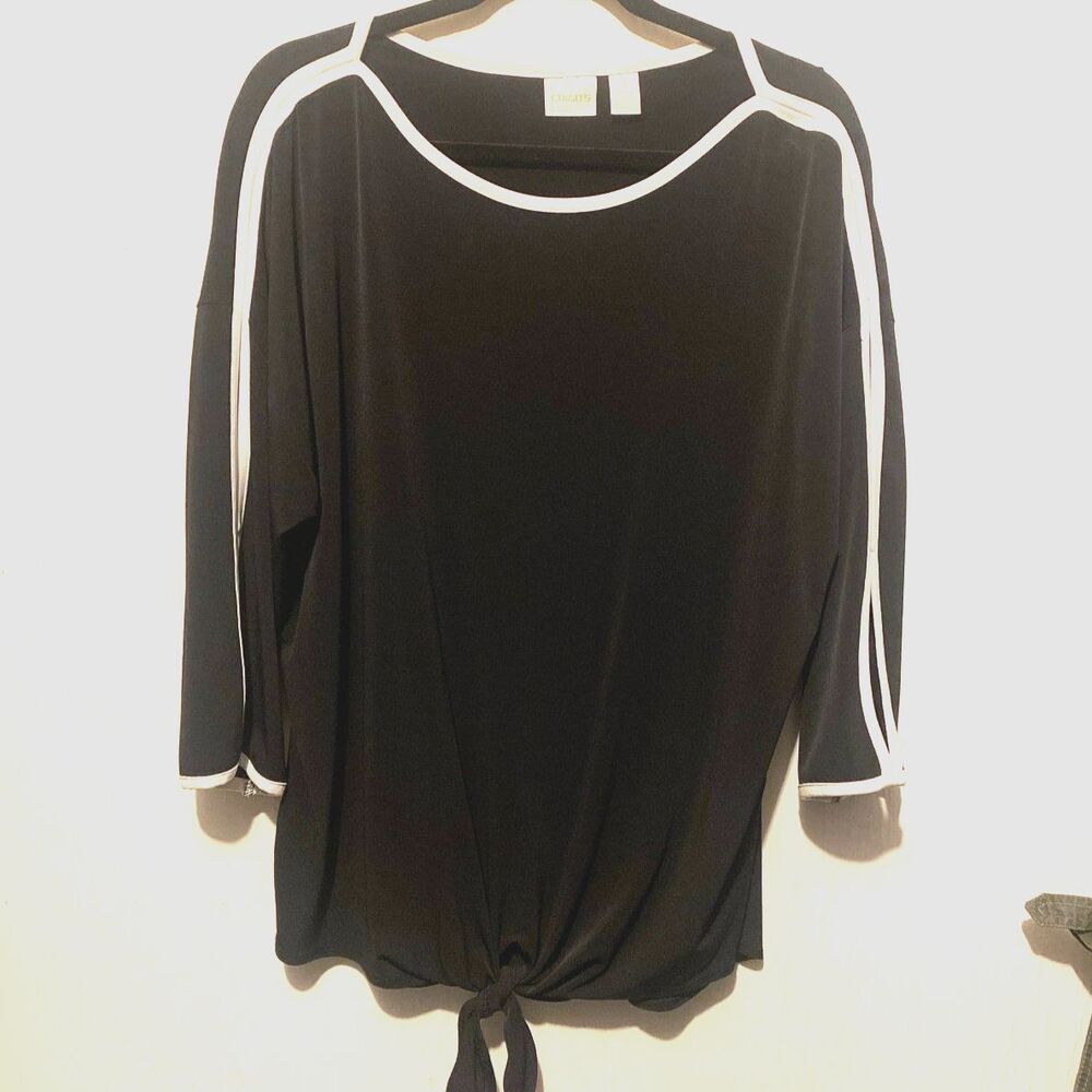 Chico’s Travelers Size 3 (XL) Black Tie‑Front White Trim Split Sleeve Blouse